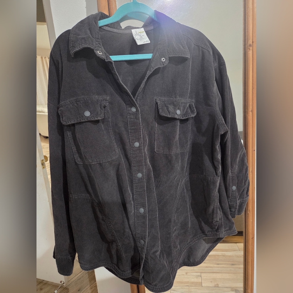 Corduroy Button-Up Shacket in Dark Charcoal